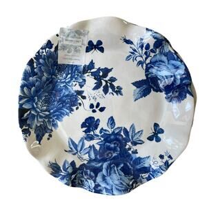 2pc Shabby Chic Blue & White Floral Melamine Salad Plates 9in Fluted Edge NEW